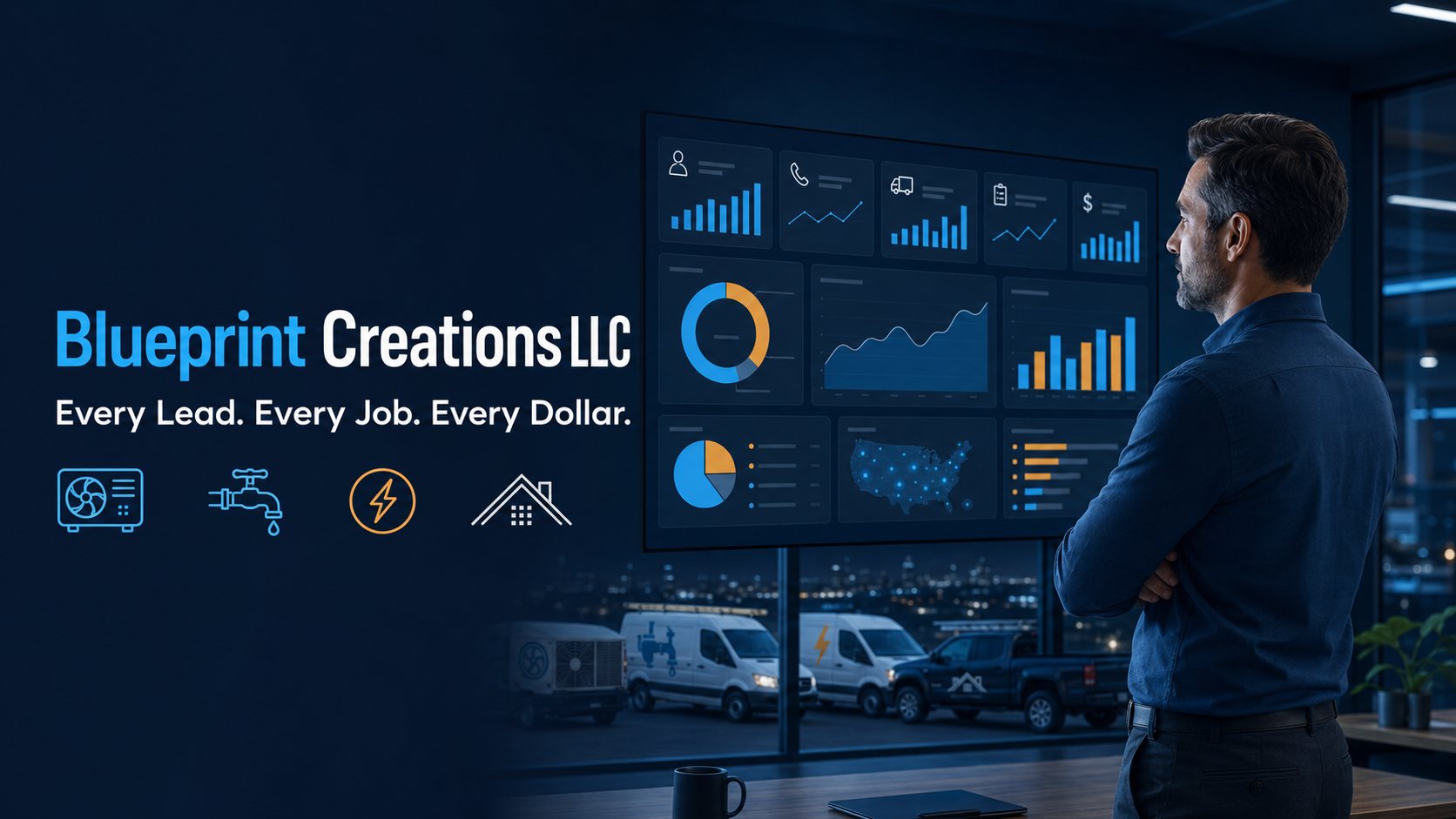 Blueprint Creations operations dashboard for HVAC, plumbing, electrical and roofing contractors. Every lead, call, job and dollar in one view